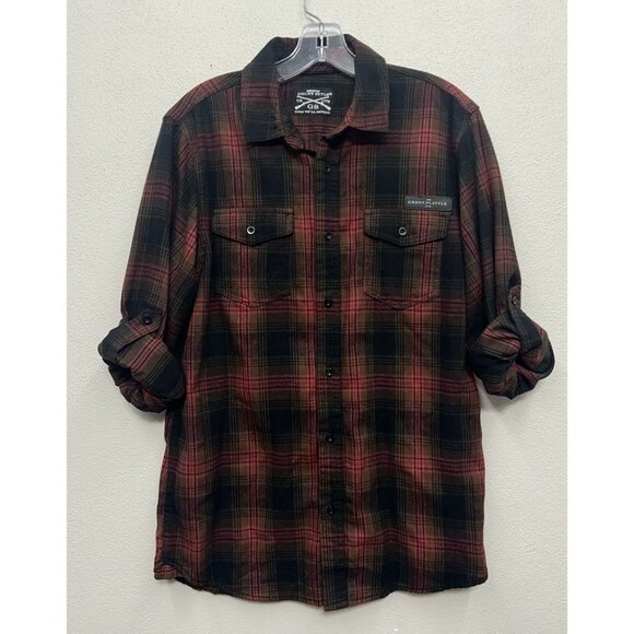 Grunt Style Mens Shirt Medium Plaid Button-Up Red Black Brown Lumberjack Country - Picture 1 of 6